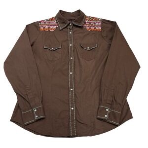 Sherry Cervi x RU Shirt Womens XL Brown Embroidered Button Down Aztec Western